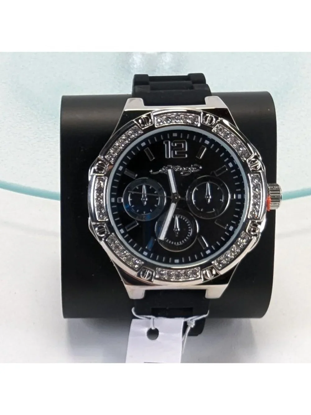 Ed Hardy Mens Black Dial Watch Rhinestone Bezel w Silicone Band NIB
